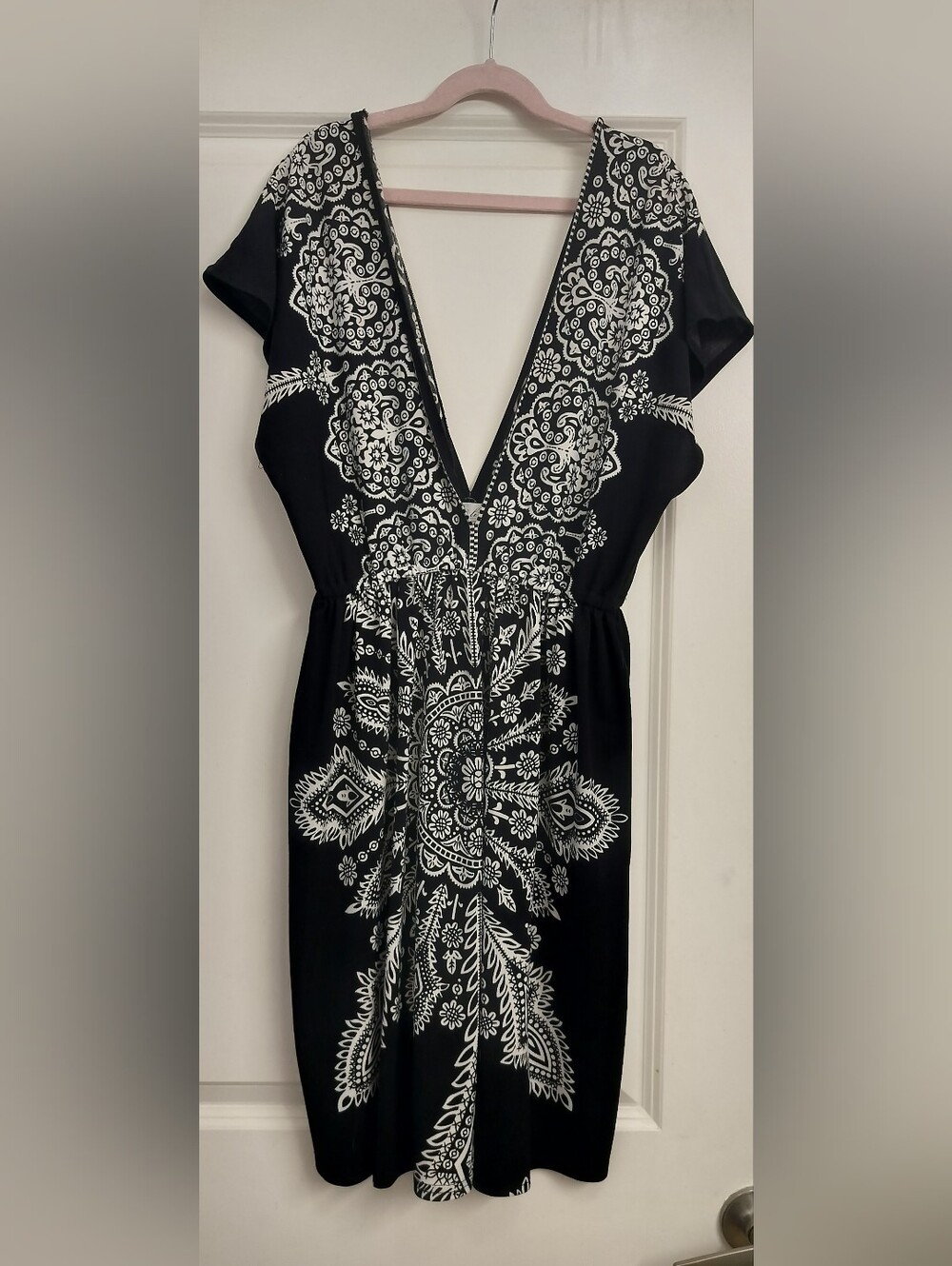 S Line Boho Style Paisley Mandala Plunging Neck And Back Mini Dress